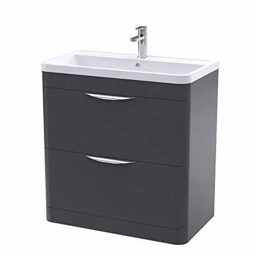 nuie Parade Modern Bathroom Floor Standing 2 Drawer Vanity Cabinet with Ceramic Basin, Soft Matt Black, W: 80.0 cm, D: 44.5 cm, H: 79.6 cm
