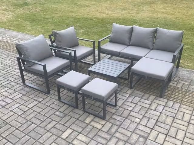 Fimous 8 Seater Aluminium Outdoor Lounge Sofa Set with Coffee Table and Ottomans in Dark Grey