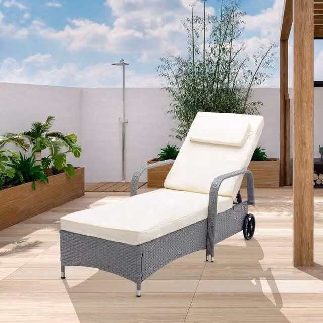 MCC Direct Grey Polyrattan Sun Lounger Bed with Reclining Function and Adjustable Headrest