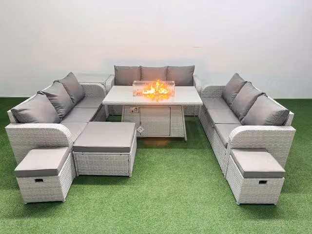 Fimous 12 Seater PE Rattan Outdoor Garden Furniture Set in Light Grey with Firepit Dining Table, 3 Seater Sofa, 3 Stools and Side Table