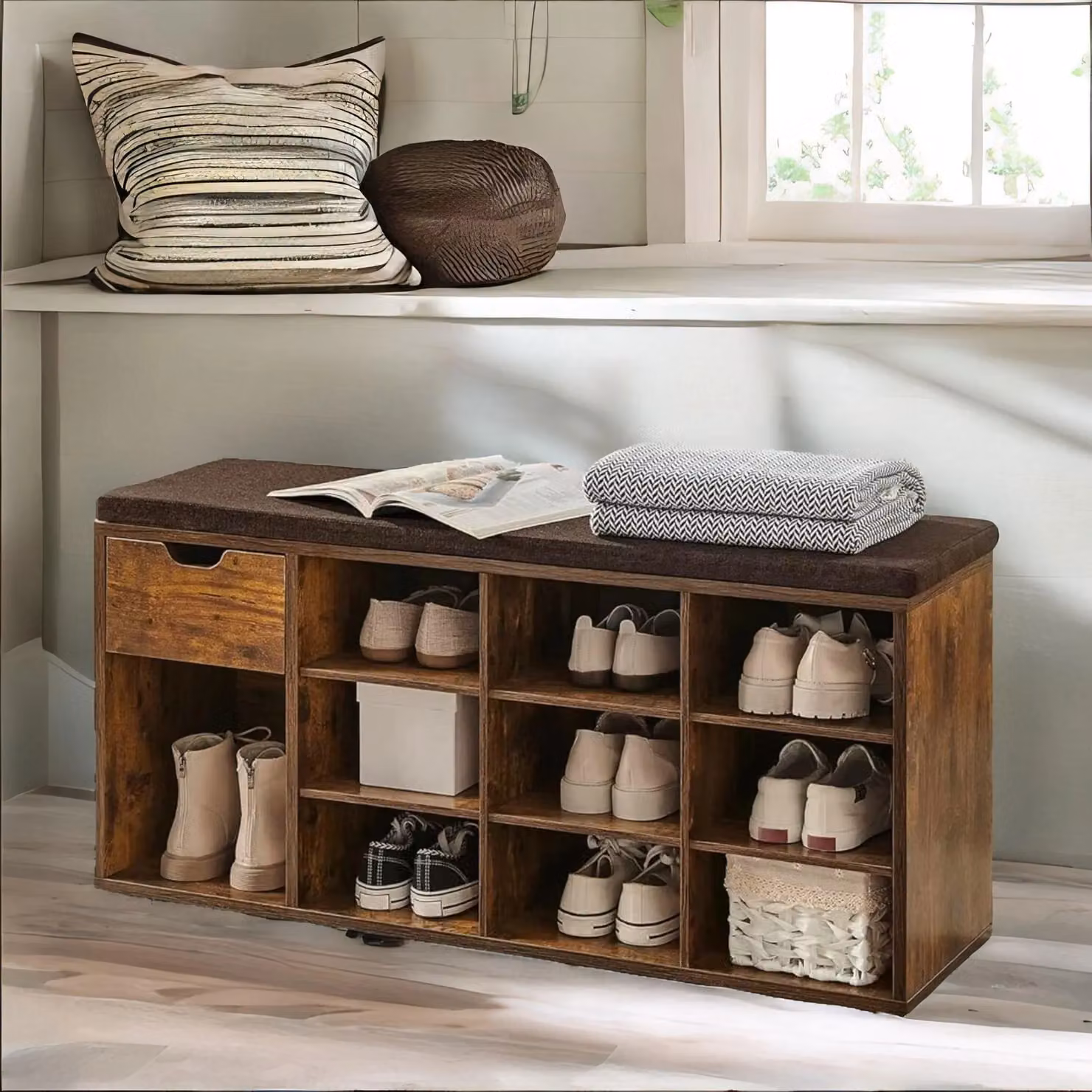 FURNOS 10 Compartment Industrial Rustic Shoe Storage Bench in Brown – 2