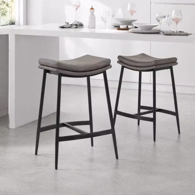 STILVORA Set of 2 Industrial Bar Stools with Grey Fabric and Matt Steel Frame