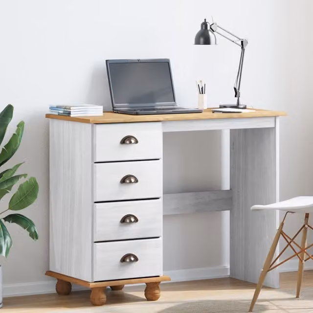 Berkfield ASKIM Home Office Writing Desk with Drawers in White Solid Pine, W/D/H: 95 x 40 x 75 cm