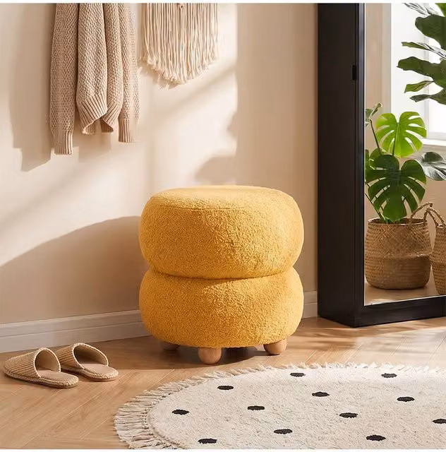 Living and Home Round Yellow Teddy Fleece and Bouclé Upholstered Footstool