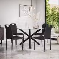 More4Homes Malvern Round Dining Table and Set of 4 Monza Faux Leather Chairs with Clear Glass Top and Solid Oak Black Legs, Diameter: 120 cm, Height: 75 cm – 1