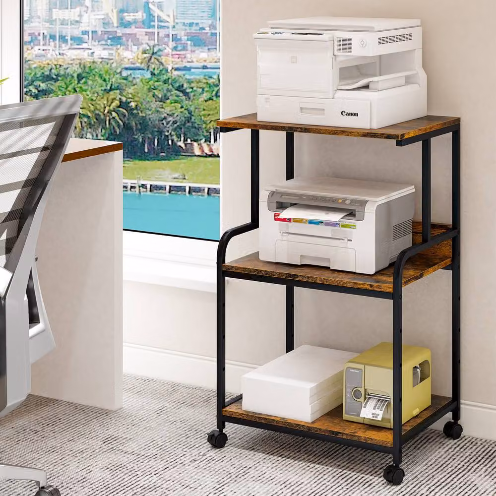 Huhote 3-Tier Printer Stand with Adjustable Storage Shelves and Locking Wheels, Brown – 2