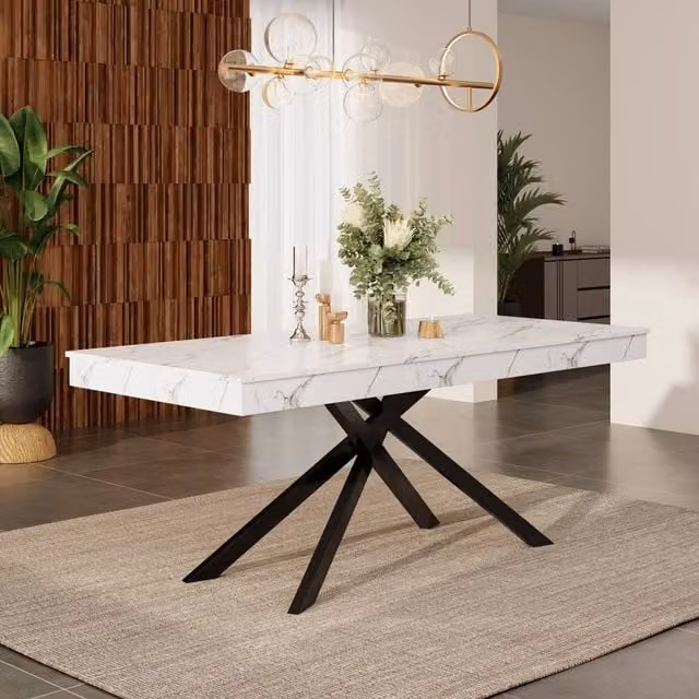 ModernLuxe Extendable Rectangular Dining Table with Glossy White MDF Tabletop and Metal X-Frame Legs