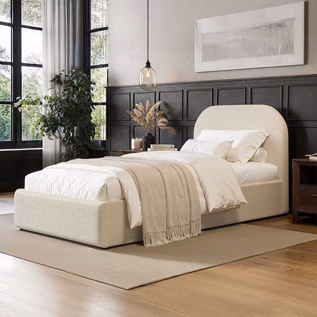 Flair Single Upholstered Velvet Ottoman Bed in Beige and White, W/D/H: 90 x 200 cm