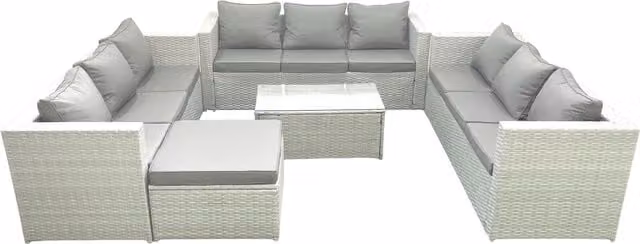 Fimous 10 Seater Rattan Garden Furniture Set in Light Grey with Outdoor 3 Seater Sofa, Coffee Table and Ottoman