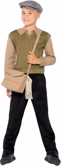 Smiffys Boys Evacuee Costume Set in Green, Beige and Grey