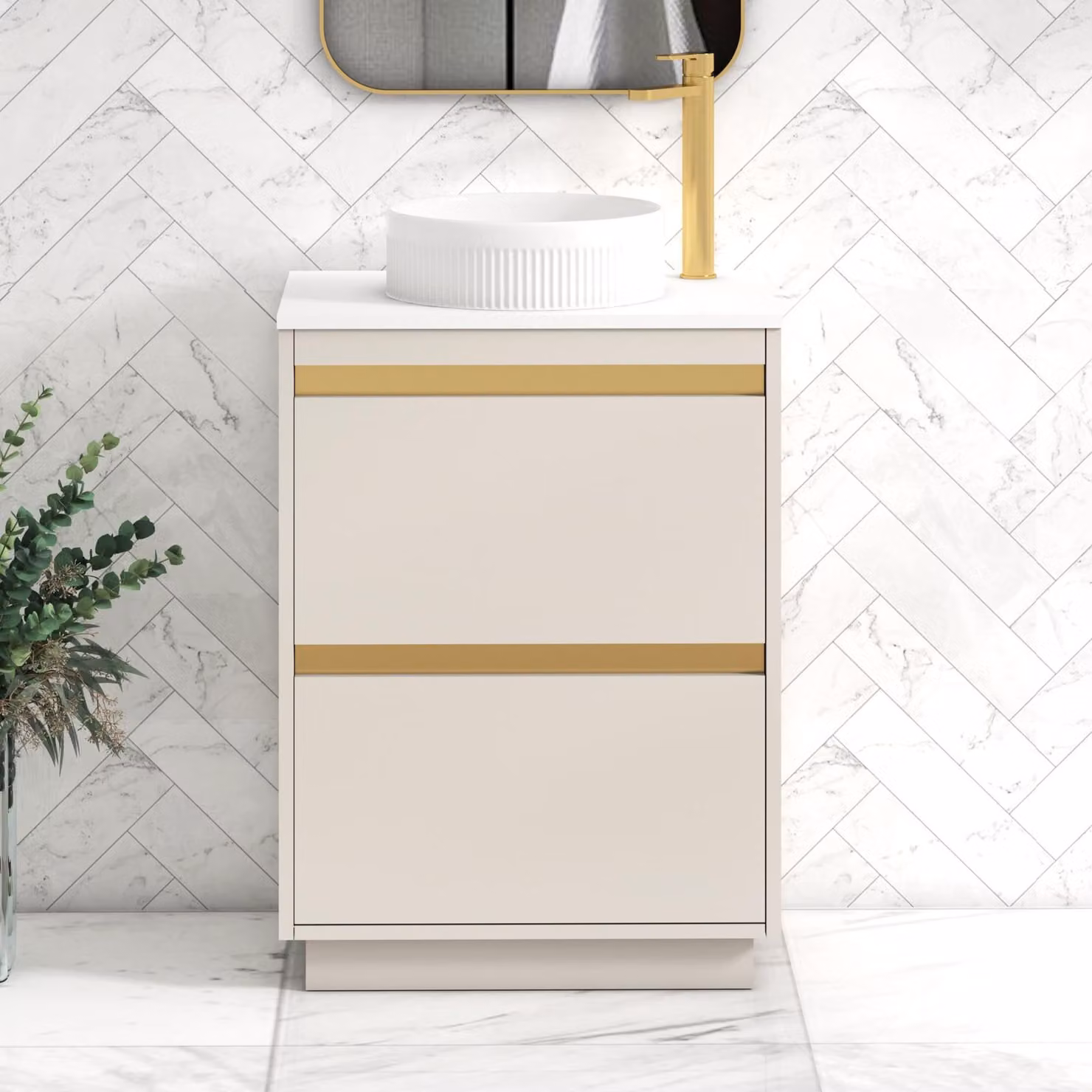 Royal Bathrooms Orion 600mm Warm Taupe Floor Standing 2 Drawer Vanity Unit with Round Basin and Brushed Brass Accent Trim