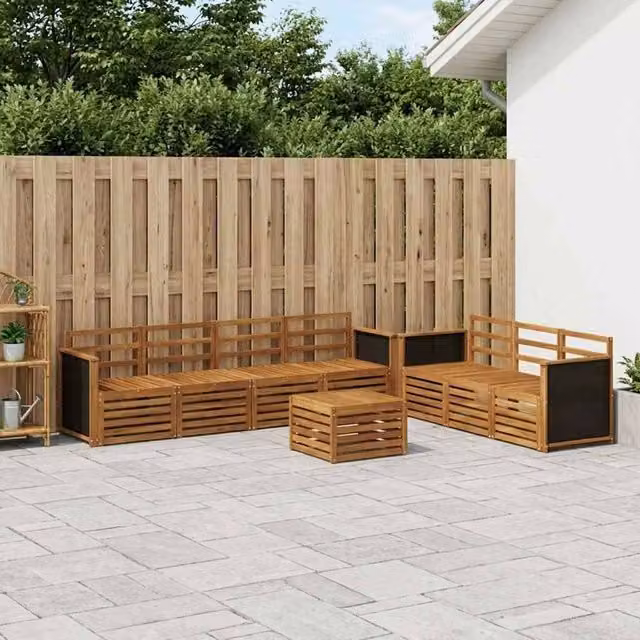 Berkfield Home 8-Piece Modern Garden Sofa Set in Brown Solid Acacia Wood with Textilene Cushions and Matching Ottoman