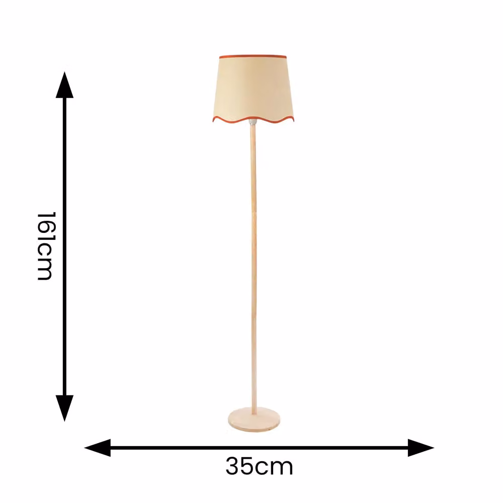 ValueLights Triston Natural Wood Floor Lamp with Orange Scallop Fabric Shade and LED Bulb – 2