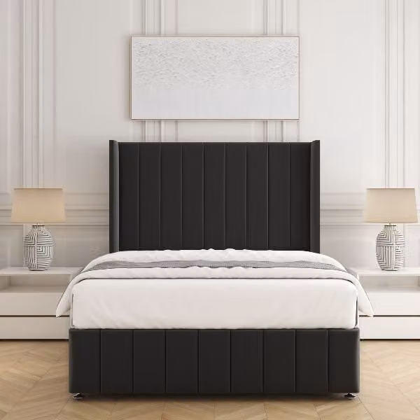 BSSPOKE Zoe Plush Velvet Divan Bed Set with 54 inch Headboard and Mattress in Black, Double W/D/H: 140 x 200 cm