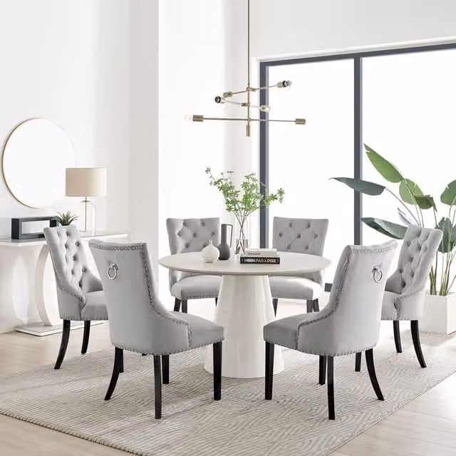 FurnitureboxUK Palma Beige Stone Effect Round Dining Table and 6 Belgravia Black Leg Chairs in Grey