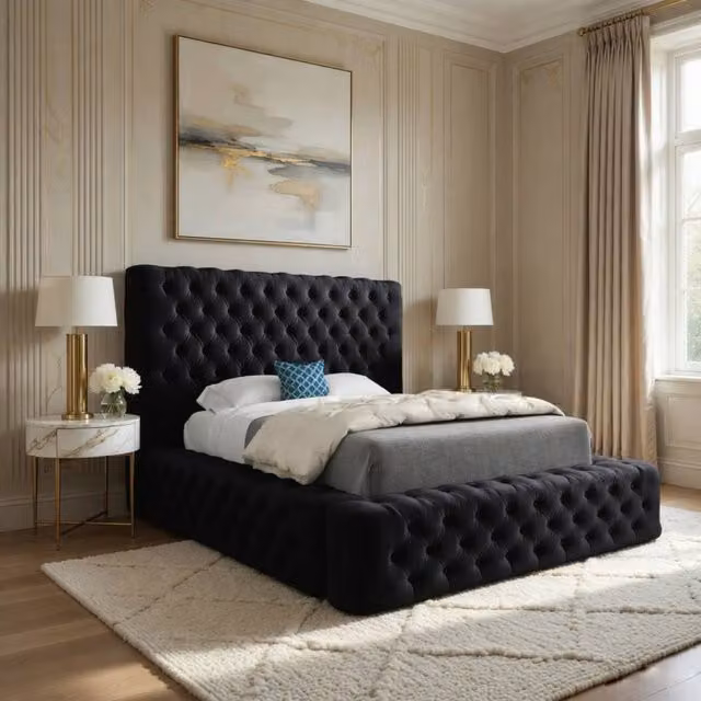 Casani Worcester Black Velvet Upholstered Chesterfield Bed Frame, Double, W/D/H: 140 x 200 cm – 1