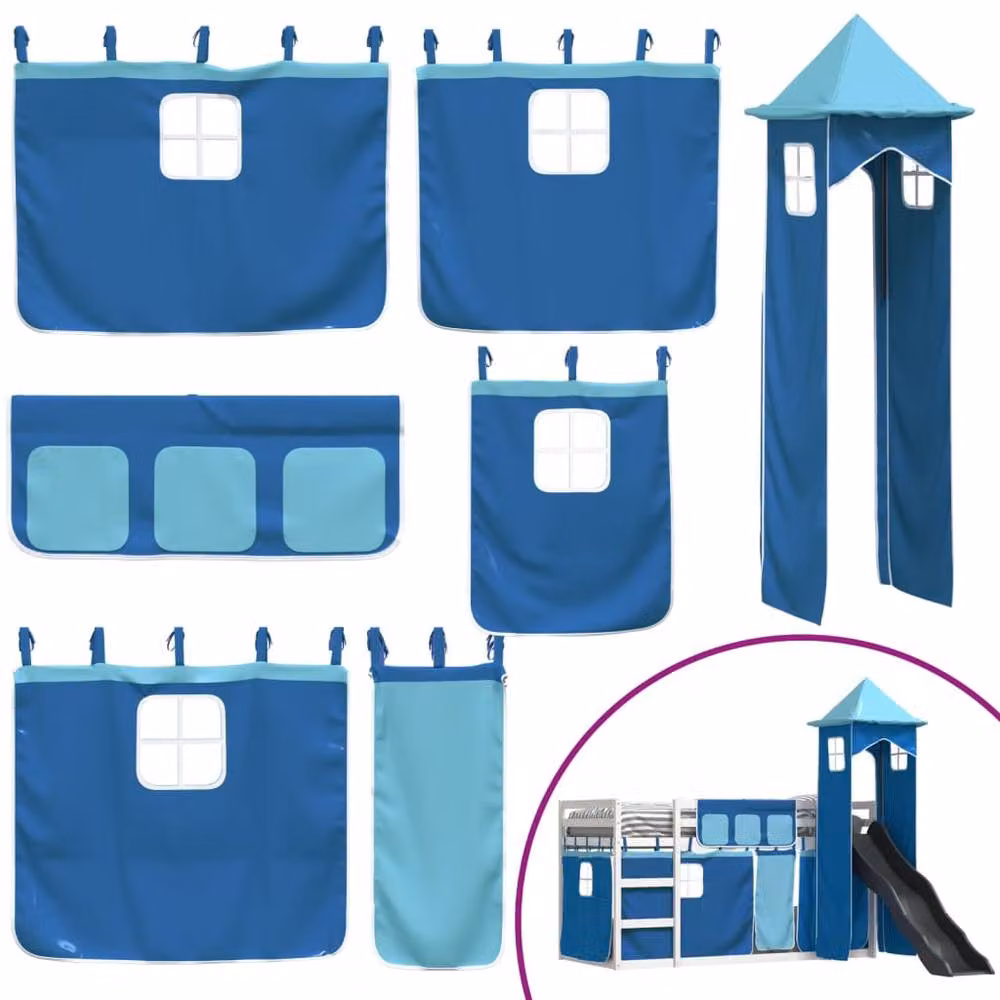 Berkfield Home Elegant Bunk Bed with Slide and Curtains in Blue, Solid Pine Wood, W/D/H: 90 x 200 cm – 3