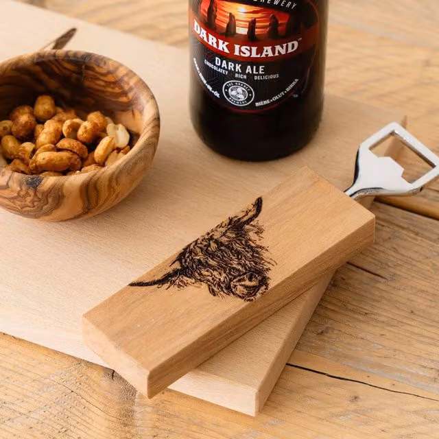 Selbrae House Highland Cow Beech Wood Bottle Opener in Brown and Beige