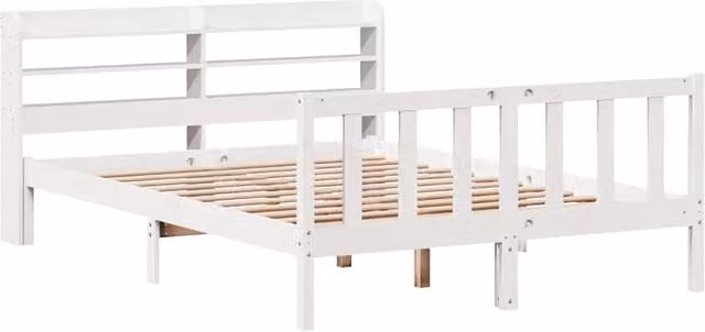 Berkfield Home Beautiful White Solid Wood Pine Bed Frame with Bedside Shelf W/D/H: 140 x 190 x 82 cm