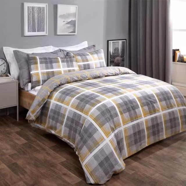 Dreamscene OHS Denim Check Reversible Duvet Cover and Pillowcase Set in Yellow and White, Double, W: 140 cm x H: 200 cm