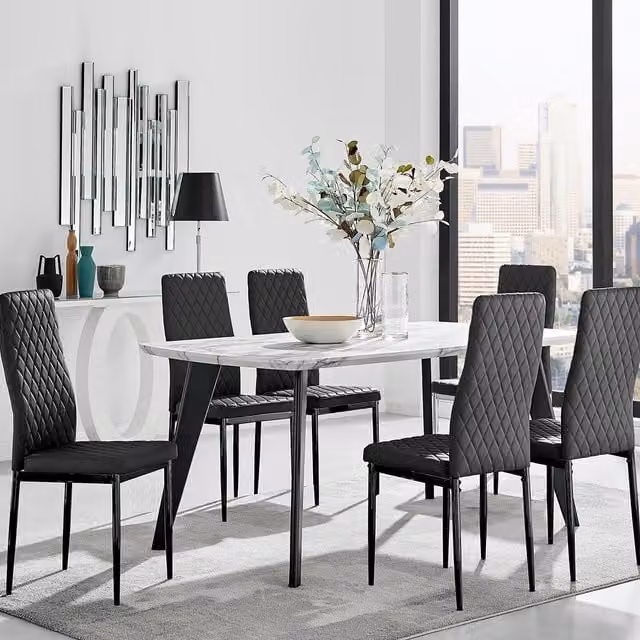 FurnitureboxUK Andria White Marble Effect 6 Seater Dining Table and 6 Milan Faux Leather Chairs in Black and Grey, W/D/H: 160 x 90 x 75 cm – 1