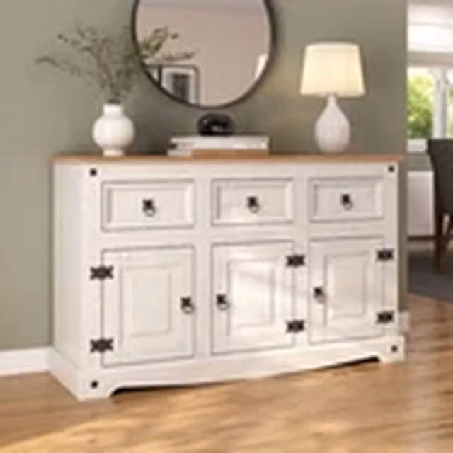 Havendro White Solid Pine Rustic Sideboard with 3 Doors and 3 Drawers W/D/H: 125 x 40 x 76 cm