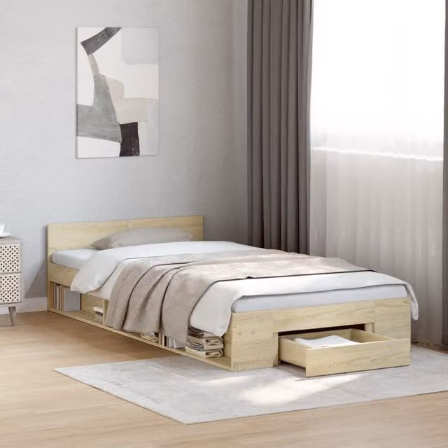 Berkfield Home Sonoma Oak Small Single Bed Frame with Drawer in Brown, W: 75 cm, L: 190 cm