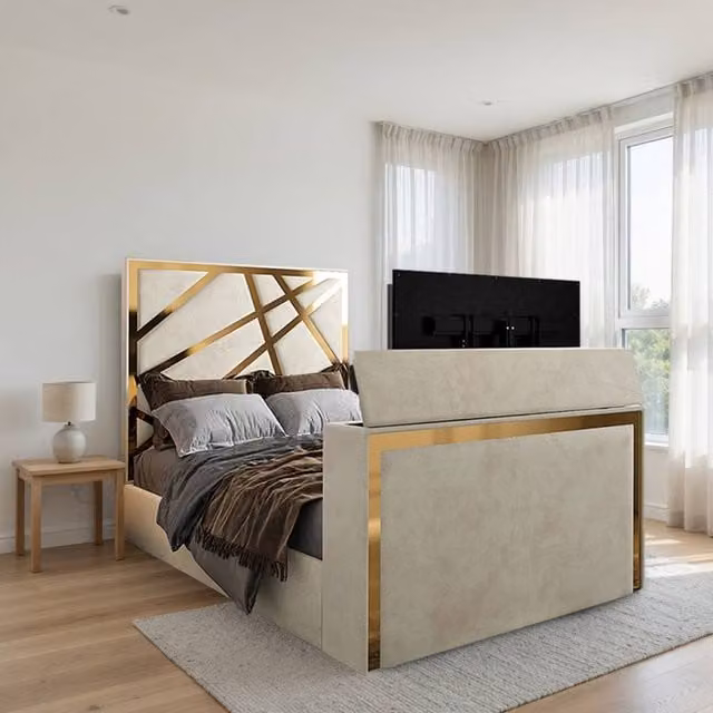 KDMD Ashton Upholstered Soft Velvet TV Bed Frame in Cream, Super King, W/D/H: 200 x 152 x 189 cm