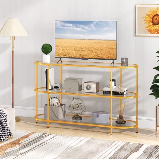 COSTWAY Modern Gold Metal and Glass TV Console Table, 140 cm