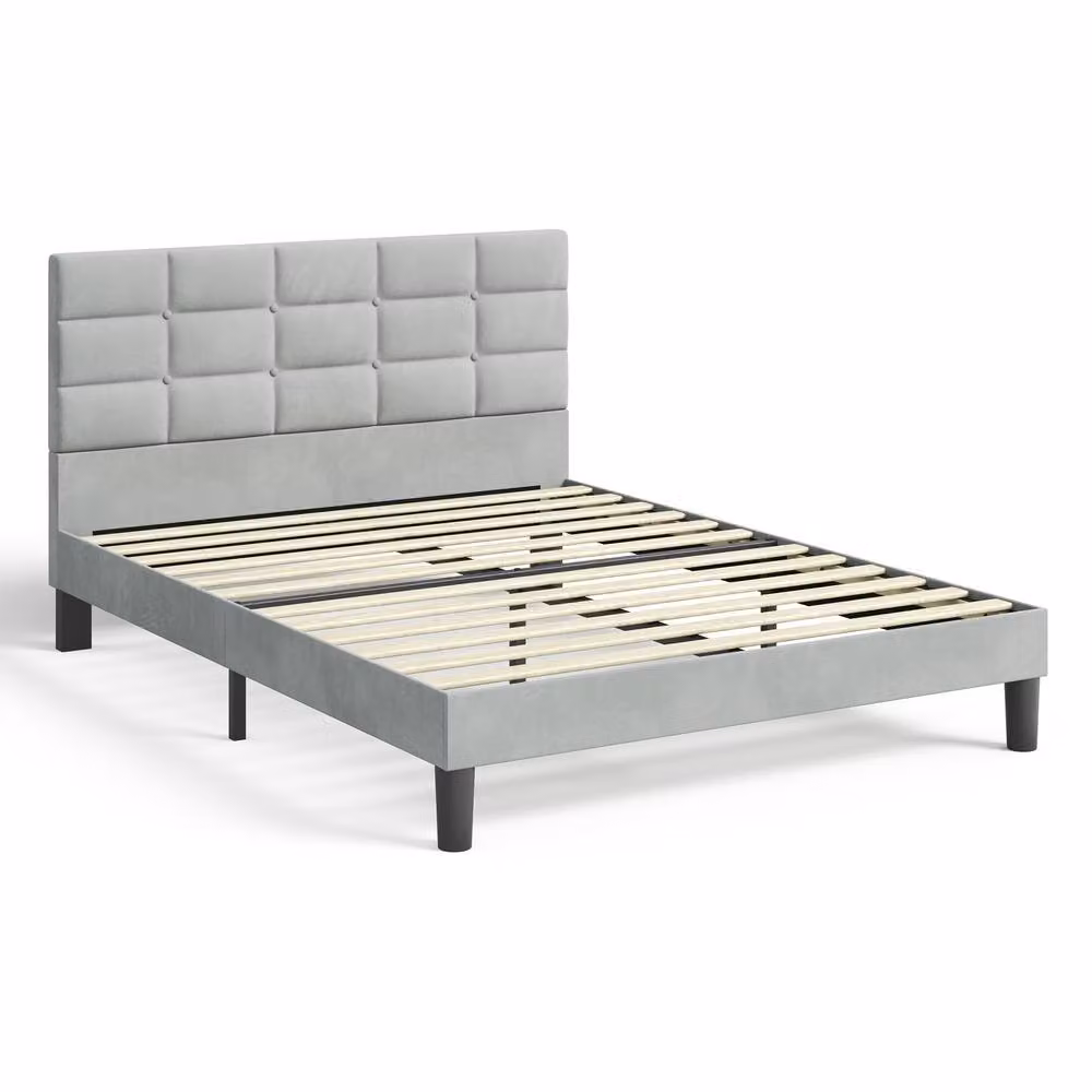 Dprodo Velvet Upholstered Button Tufted King Size Bed Frame in Light Grey, W: 180 cm, D: 200 cm – 2