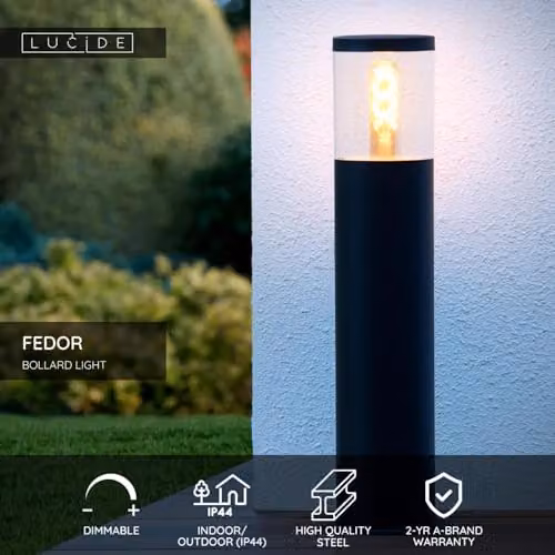Lucide Fedor Black Metal Bollard Light with E27 Socket and IP44 Rating – 2