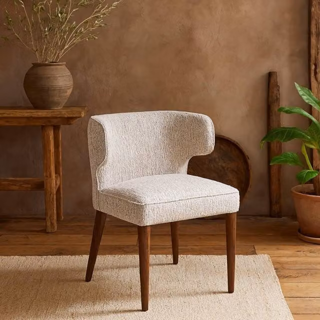 Wyld Haus Mirmande Mid Century Curved Grey Fabric Dining Chair with Wooden Legs