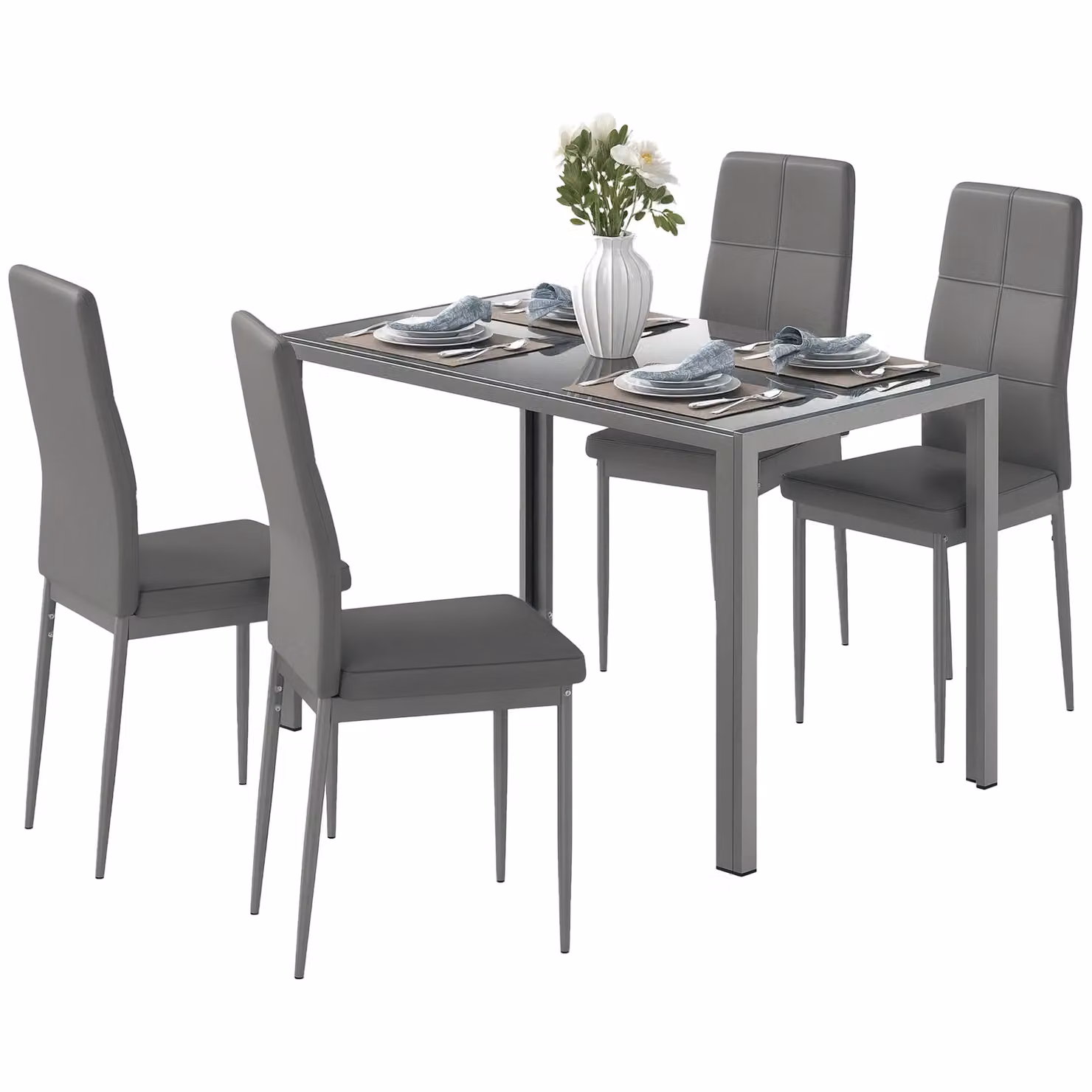 HOMCOM 5 Piece Kitchen Dining Set with Glass Top Rectangular Table and 4 Grey PU Leather Chairs – 2
