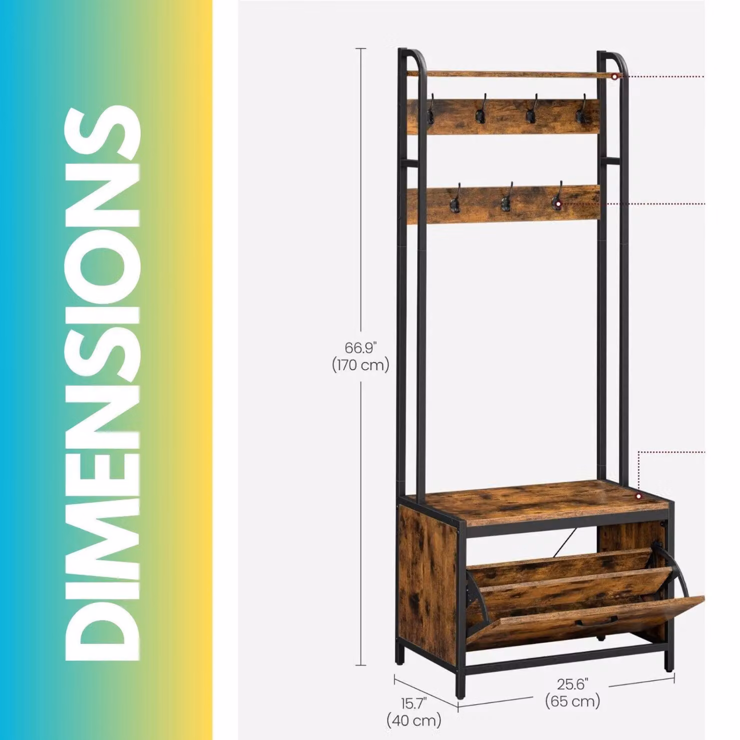 Pirlo Plush Industrial Hall Tree with Bench and Shoe Storage in Brown and Black – 3