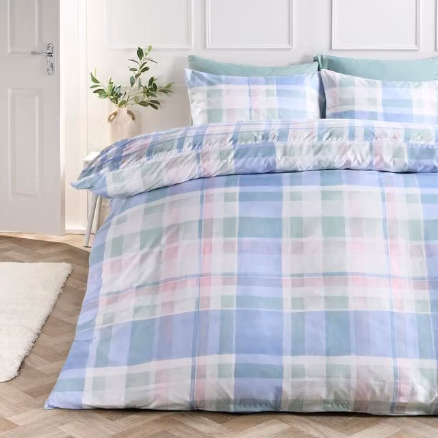 OHS Blue Watercolour Check Print Microfibre Duvet Set