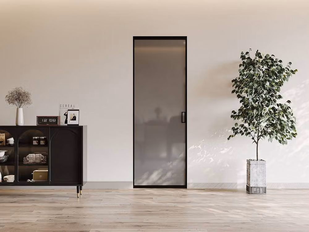 Vente-unique Modern Reversible Sliding Door with Black Aluminium and Smoked Tempered Glass Sliding System – 2
