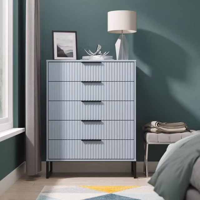 2 U Menai 5 Drawer Chest in Light Blue and Black with Striped Matt Metal Finish