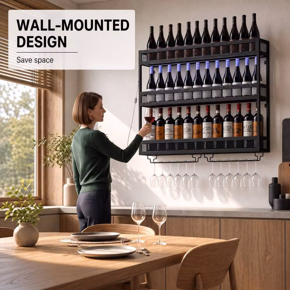 HOMCOM Wall-Mounted Metal Wine Rack with Integrated LED Lights and Glass Holders, Black – 6