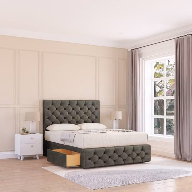 Sloomy Watson Chesterfield Upholstered Divan Bed Base and Headboard in Light Grey, Super King, W/D/H: 200 x 200 cm