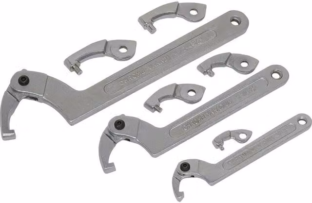 Loops 11 Pack Adjustable C Spanner Set, Silver and Multicolour Chrome Vanadium and Stainless Steel Hook and Pin Retaining Ring Hinged Arm Wrench