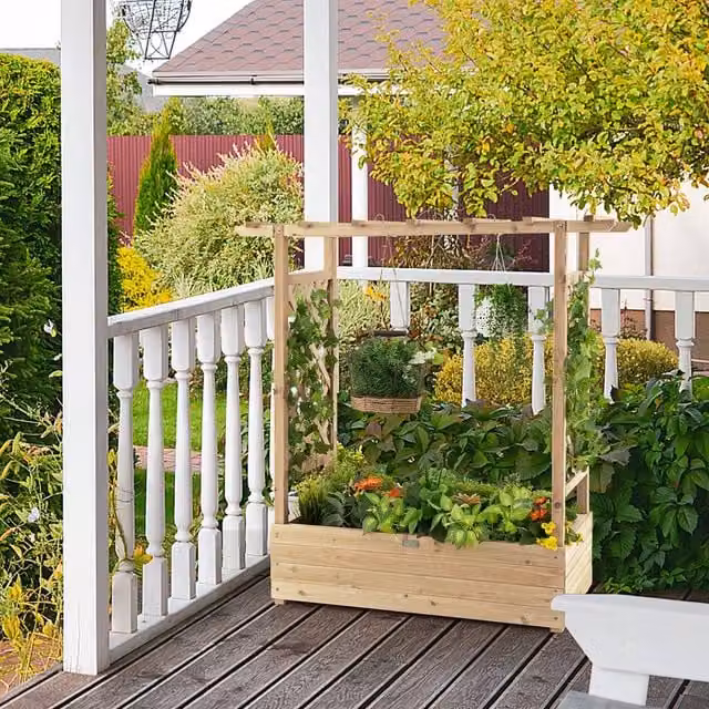 Costway Wooden Raised Garden Bed with Arch Trellis and Hanging Roof in Natural Brown