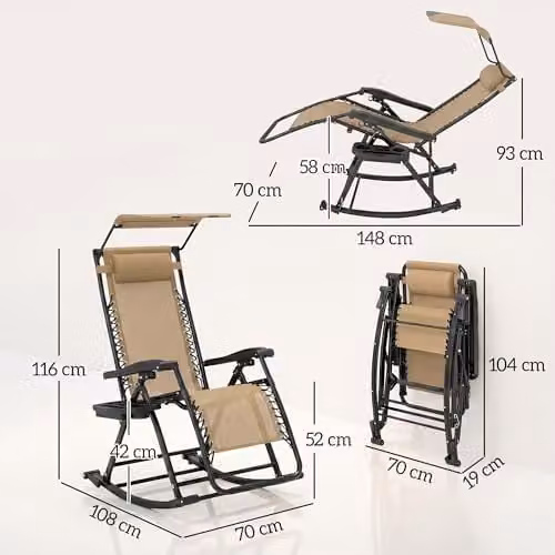 Outsunny Beige Zero-Gravity Folding Recliner with Sun Canopy, Adjustable Headrest and Side Tray – 3
