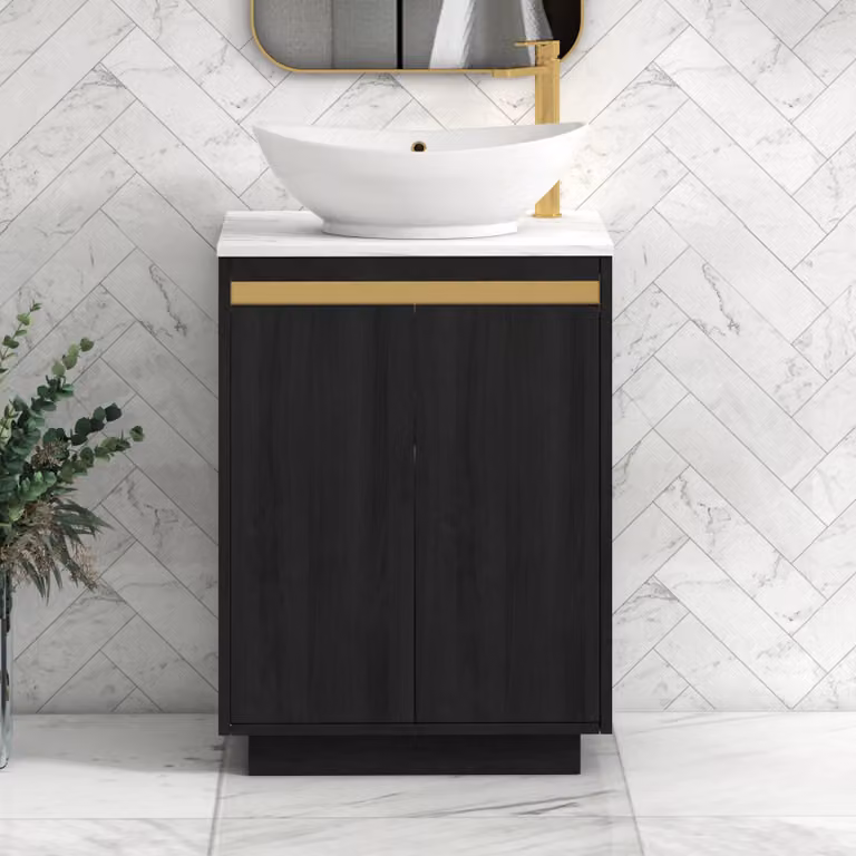 Royal Bathrooms Orion 800mm Hale Black Floor Standing 2 Door Vanity Unit with Carrara White Amaze Basin and Brushed Brass Accent Trim