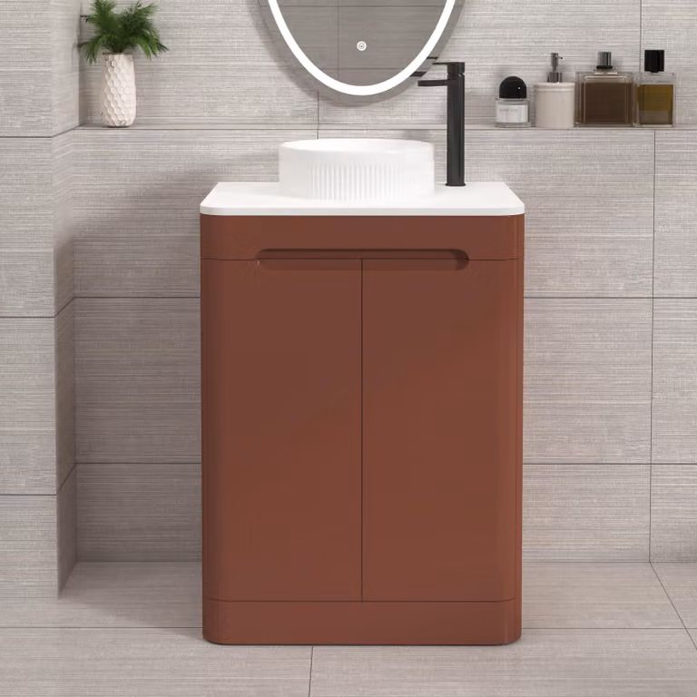 Royal Bathrooms Venice 600mm Terracotta Clay Floor Standing 2 Door Vanity Unit with Plain White Worktop and Round Basin