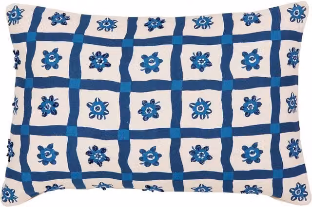 Land & Shore Sora Blue Floral Rectangular Cotton Cushion W: 60 cm, D: 40 cm