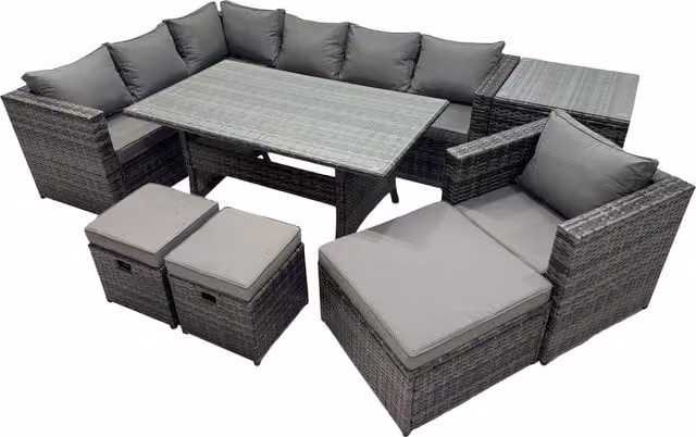 Fimous Outdoor PE Rattan Sofa Set with Chair, 3 Stools and Side Table in Dark Grey