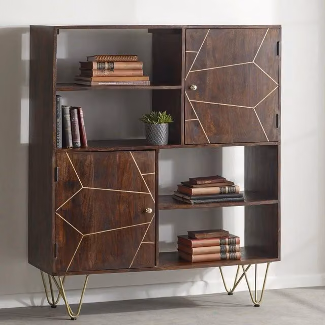 IH Design Deiondre Display Unit with Shelves and Cupboards in Dark Mango and Brown with Gold Accents