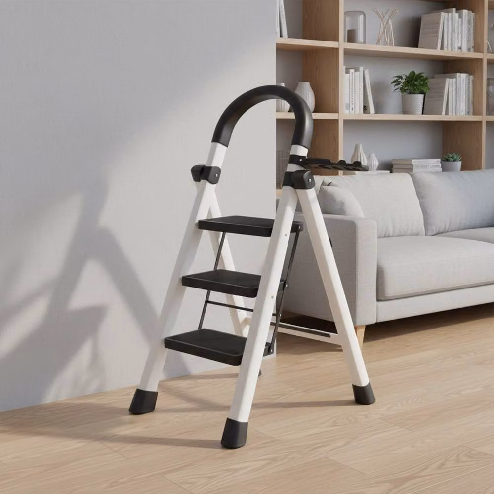 VOGREX 3-Step Folding Step Ladder with Handrail and Non-Slip Steps in White – 3
