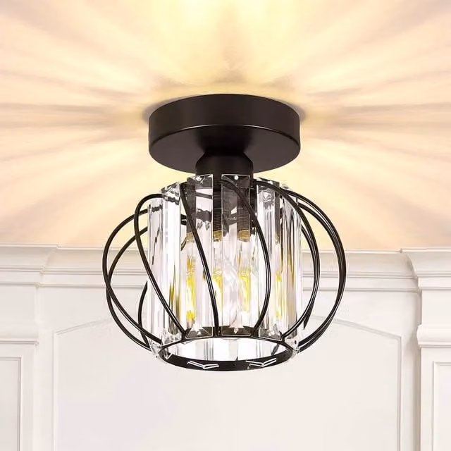 EONLION Modern Black Crystal Semi-Flush Ceiling Light – 1