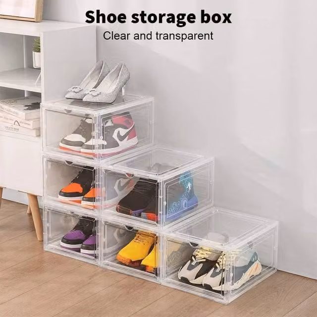SPETLEK Set of 6 Stackable and Foldable Large Plastic Storage Boxes in White and Clear – 1